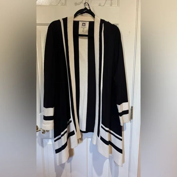 Anne Klein Black/Off White Striped Open Front Sweater Size M - Picture 2 of 8